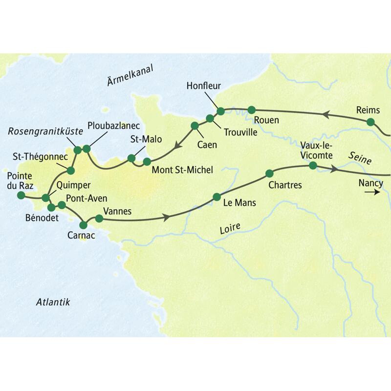 Die Reiseroute der Studienreise in die Normandie und in die Bretagne führt u.a. über Reims, Honfleur, St-Malo, Pointe du Raz, Carnac,Vannes und Chartres nach Nancy.