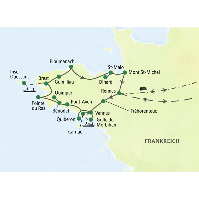 Unsere Wanderreise führt uns in die schönsten Landschaften der Bretagne. Stationen unterwegs sind unter anderem Vannes, Carnac, Pont-Aven, Quiberon, die Pointe du Raz, die Insel Ouessant, St-Malo und der Mont St-Michel. Wahlweise können Sie mit der Bahn oder per Flugzeug anreisen.