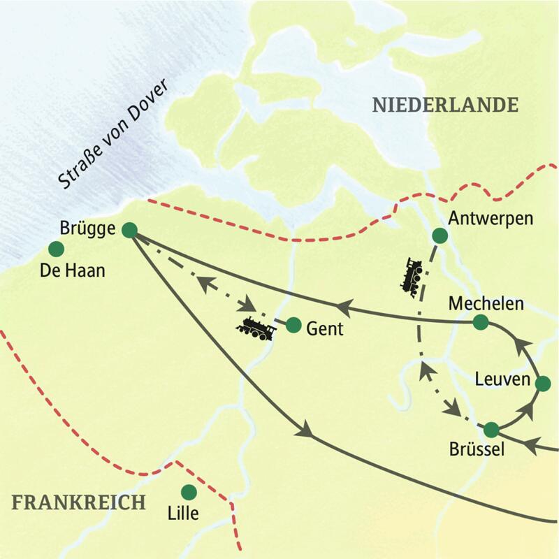 Auf der Studiosus Klassik-Reise nach Flandern haben wir die beiden Standorte Brüssel und Brügge für Sie ausgewählt. So erreichen wir die Kunststädte Flanderns schnell und bequem. Wo möglich sind wir dabei staufrei und umweltfreundlich per Bahn unterwegs.