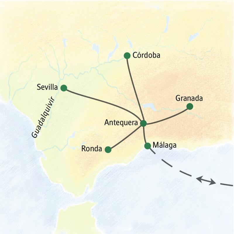 Unsere achttägige Studienreise nach Andalusien führt uns auf Tagesausflügen von Antequera nach Sevilla, Córdoba, Ronda und Granada.