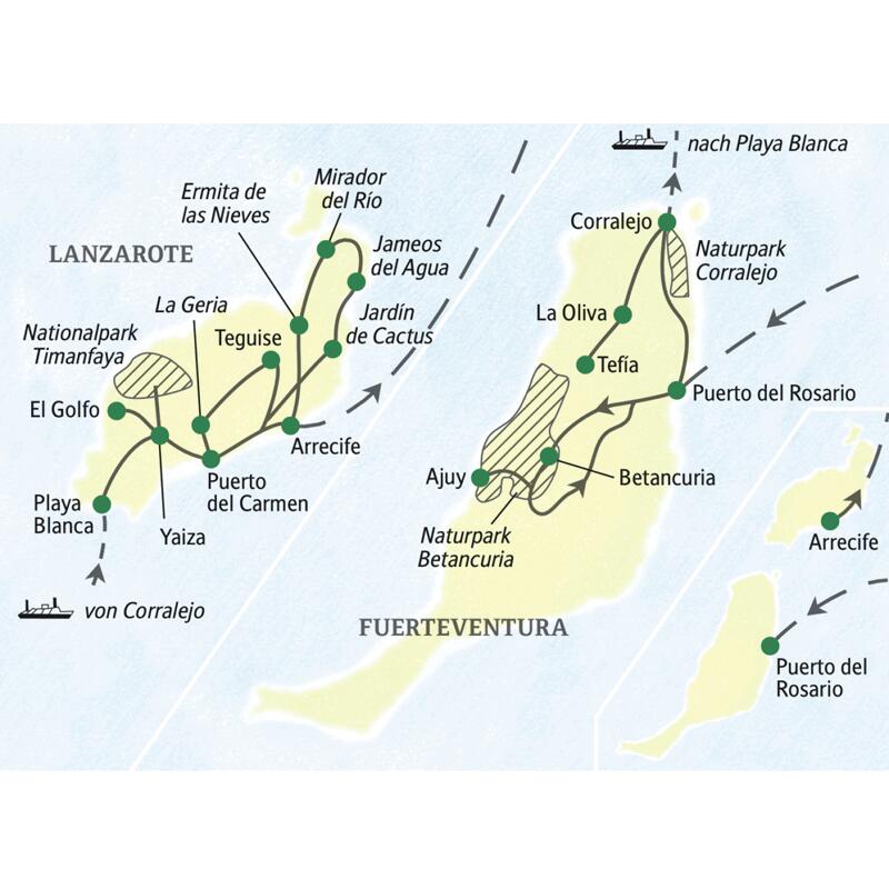 Auf dieser Studiosus-Reise erleben Sie die Natur der beiden kanarischen Inseln Fuerteventura und Lanzarote in all ihren Facetten, u.a. mit dem Naturpark Corralejo und dem Nationalpark Timanfaya.