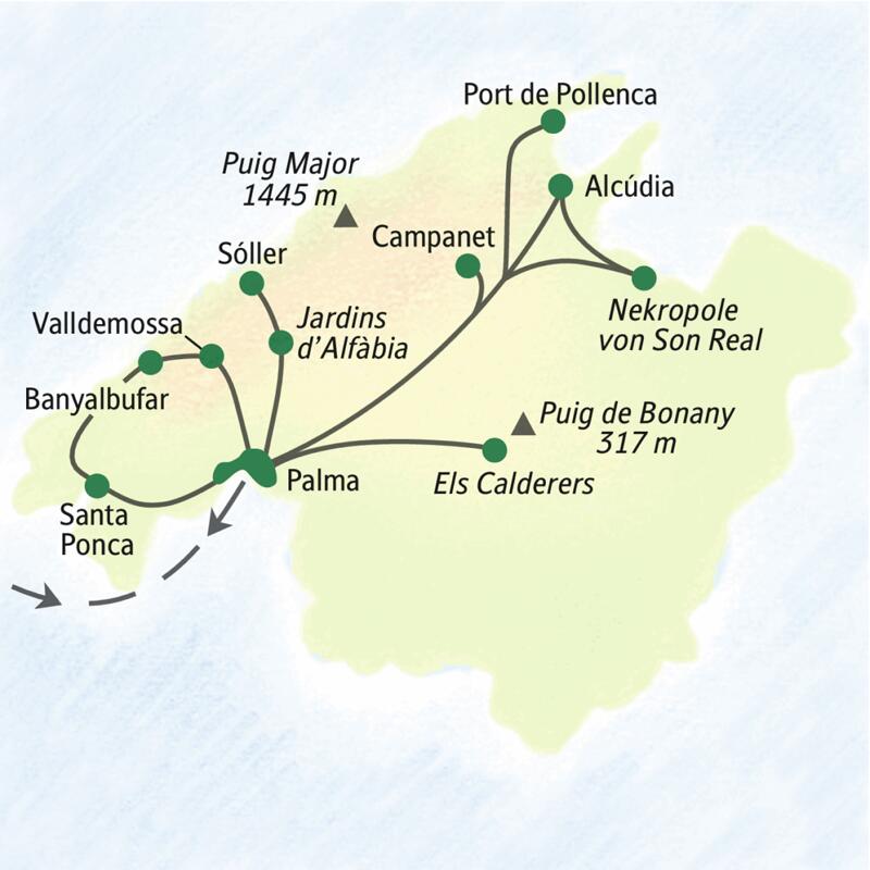 Wichtigste Stationen dieser Reise zum Wandern auf Mallorca: Santa Ponca, Alcúdia, Palma, Sóller und Valldemossa