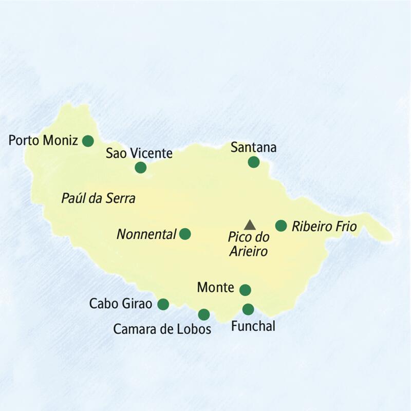 Die Karte zeigt Orte, die auf unserer Studienreise mit Muße nach Madeira besucht werden: Funchal, Camara de Lobos, Cabo Girao, Monte, Porto Moniz, Sao Vicente, Santana, Ribeiro Frio.