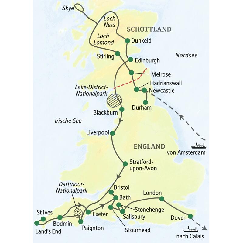 Unsere längste und ausführlichste Studienreise durch Großbritannien: Unterwegs im komfortablen Bus erleben Sie mit Ihrem Studiosus-Reiseleiter die Höhepunkte von England und Schottland in 19 Tagen, von Newcastle über Edinburgh, Dunkeld, Stirling, Liverpool, Land's End, Exeter, Bath, London bis nach Dover.