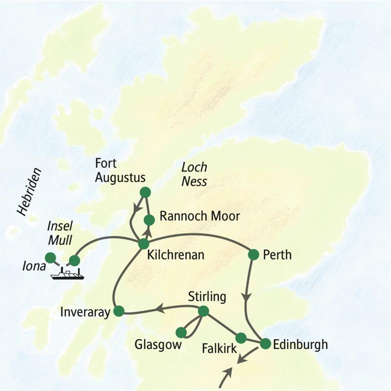 Unsere Reiseroute durch Schottland startet in Edinburgh und führt über Glasgow, Inveraray, Fort Augustus und Perth zurück zu unserem Ausgangspunkt. Wir besuchen auch die Inseln Mull und Iona.
