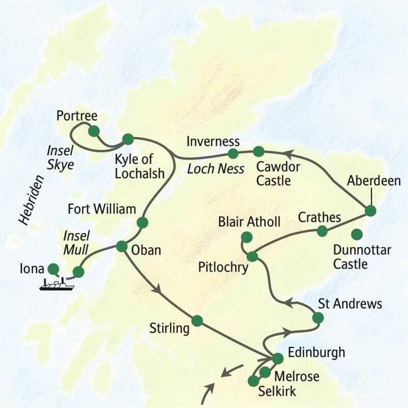 Die Reiseroute der Studienreise Schottland – die umfassende Reise: Die Reise beginnt in Edinburgh und besucht unter anderem St Andrews, Pitlochry, Aberdeen, Inverness, die Insel Skye, Fort William, die Insel Mull, Stirling, Melrose und Selkirk.