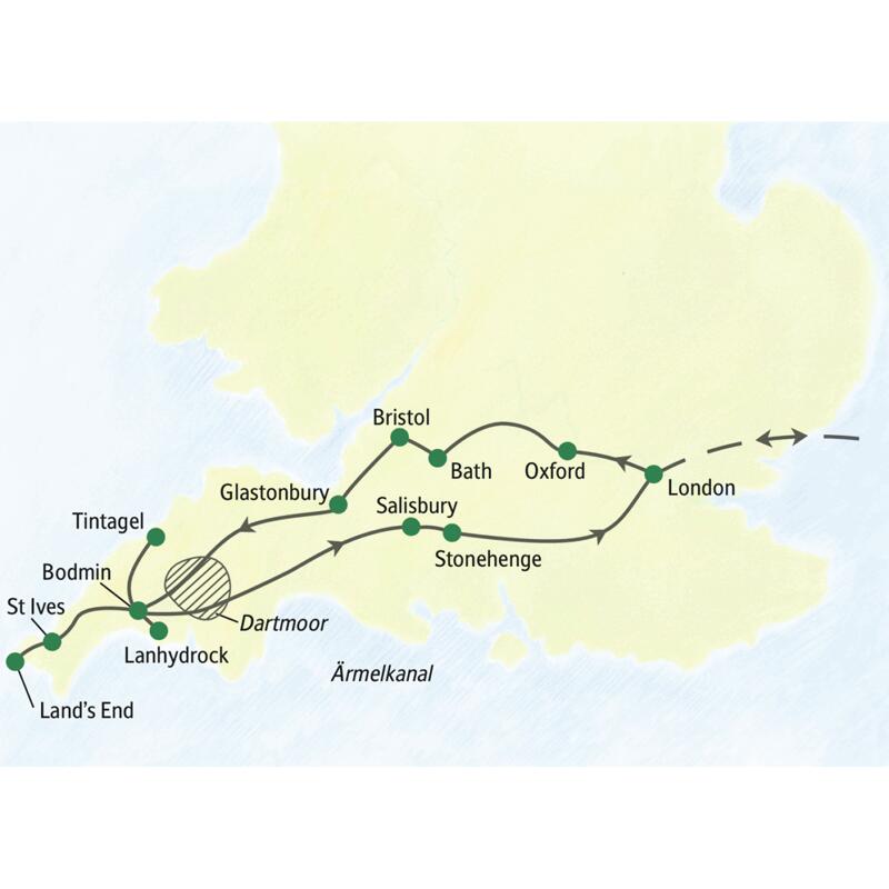 Reiseroute der Rundreise Südengland – im Überblick mit Oxford, Bath, Salisbury und Stonehenge. Dazu Cornwall mit Tintagel, Lanhydrock und St Ives