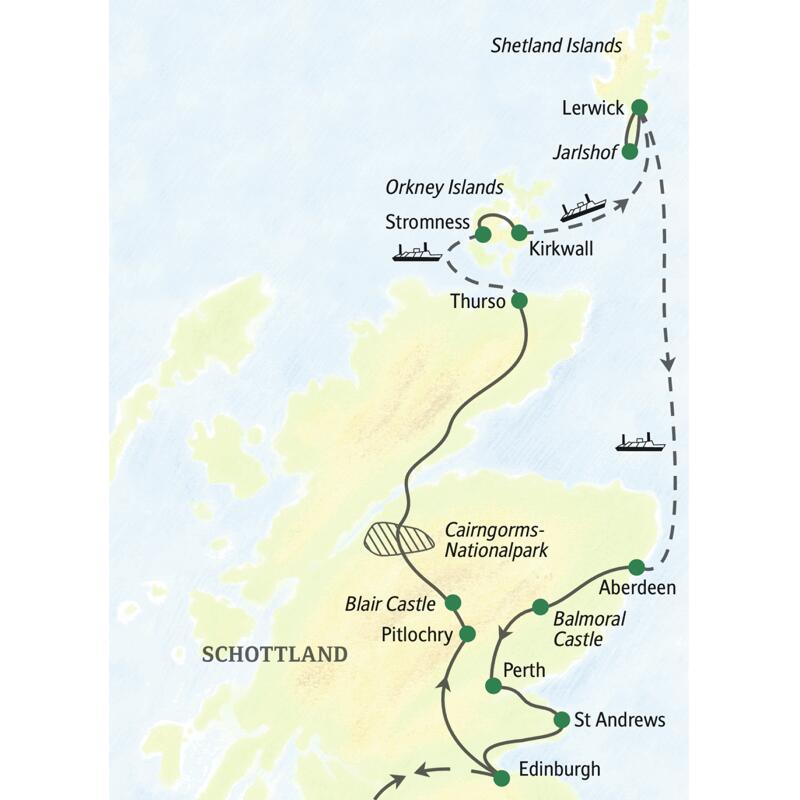 Unsere Reiseroute durch Schottland startet in Edinburgh und führt über Pitlochry nach Thurso. Fährpassagen bringen uns nach Stromness, Lerwick und Aberdeen, dann fahren wir weiter mit dem Reisebus über Balmoral Castle, Perth und St Andrews zurück in die Hauptstadt Schottlands.