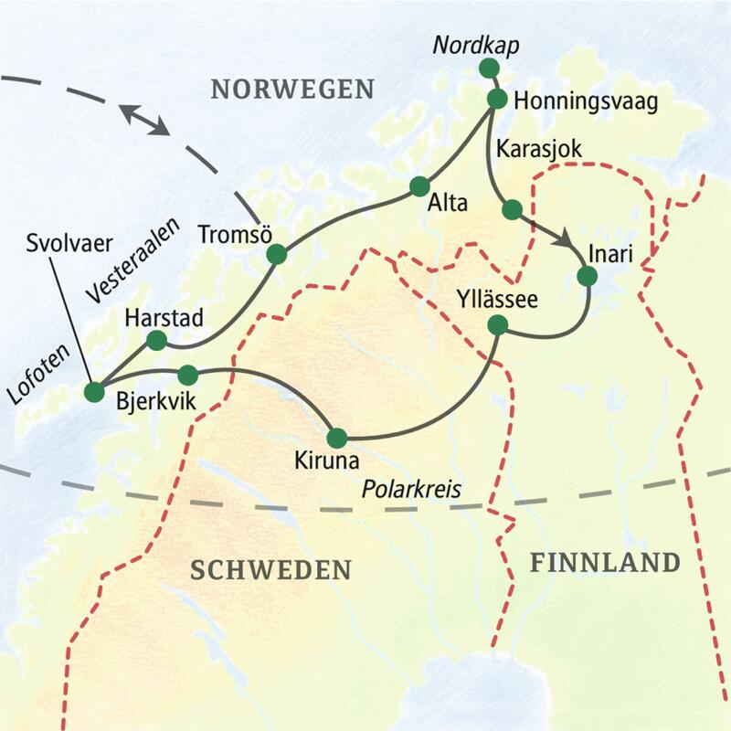 Auf unserer Lappland-Studienreise fahren wir in Norwegen oberhalb des Polarkreises von Tromsö über Alta und Honningsvaag nach Karasjok und machen einen Abstecher nach Finnland und Schweden.