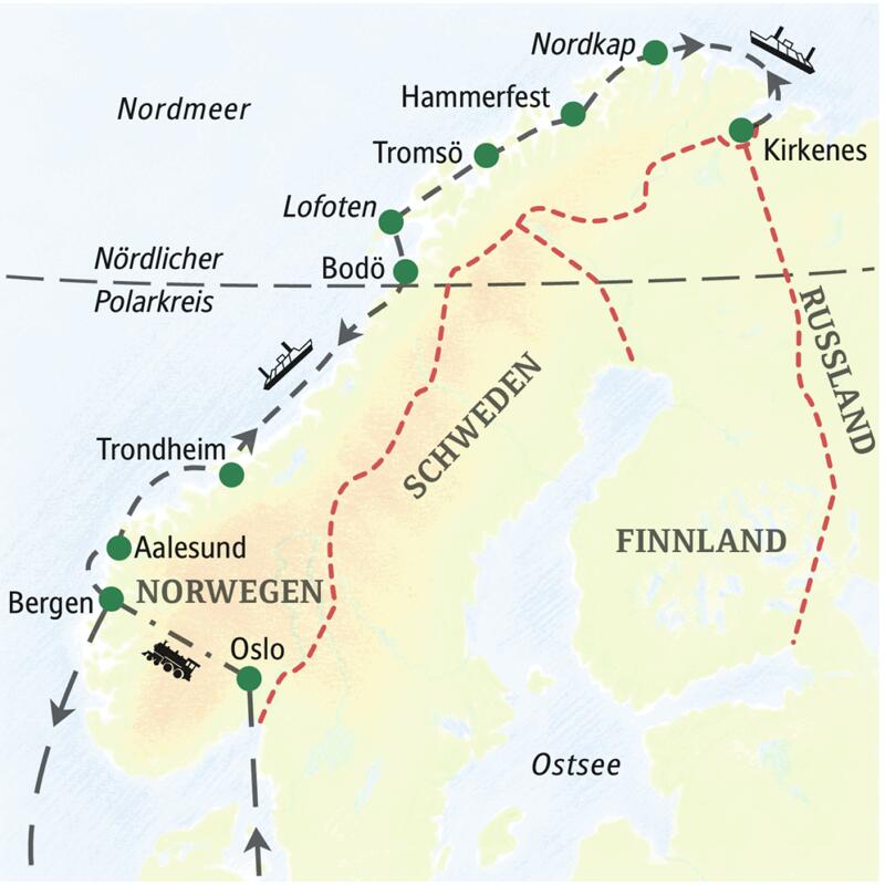 Auf der Studiosus-Reise Norwegen – auf der Postschiffroute sind die Gäste die meiste Zeit mit dem komfortablen Schiff unterwegs – von Bergen über den Polarkreis nach Kirkenes und zurück. Außerdem Ausflüge zu Lande.