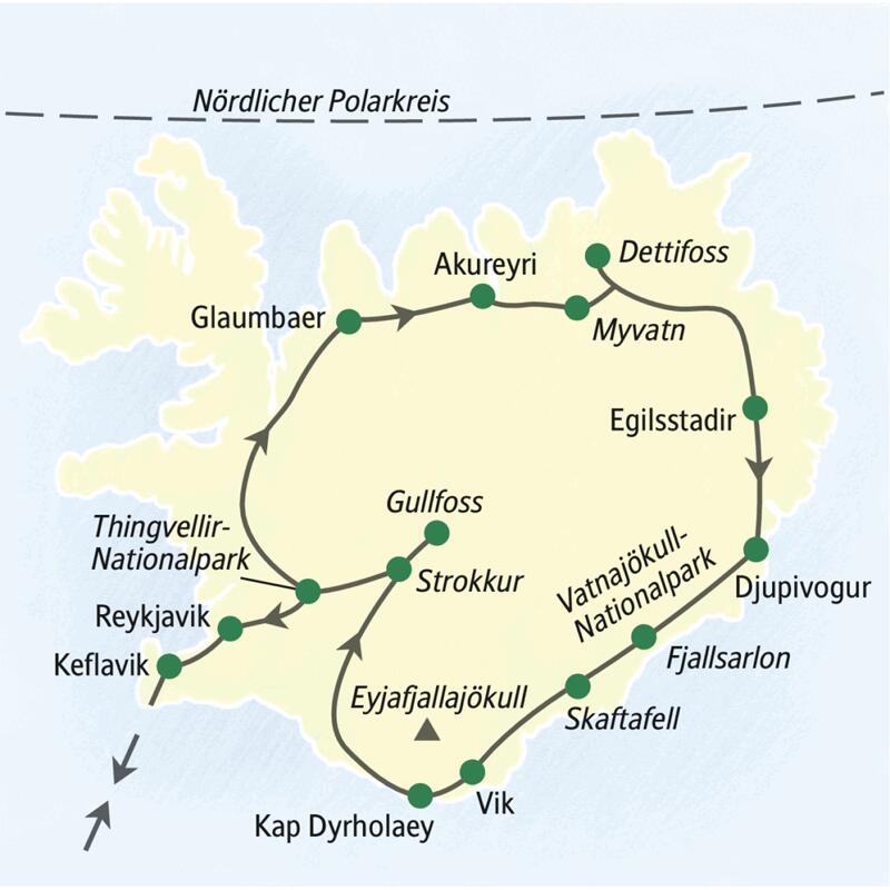 Karte von Island mit eingezeichnetem Verlauf der Studiosus Preiswert-Reise Island – unter dem Polarkreis