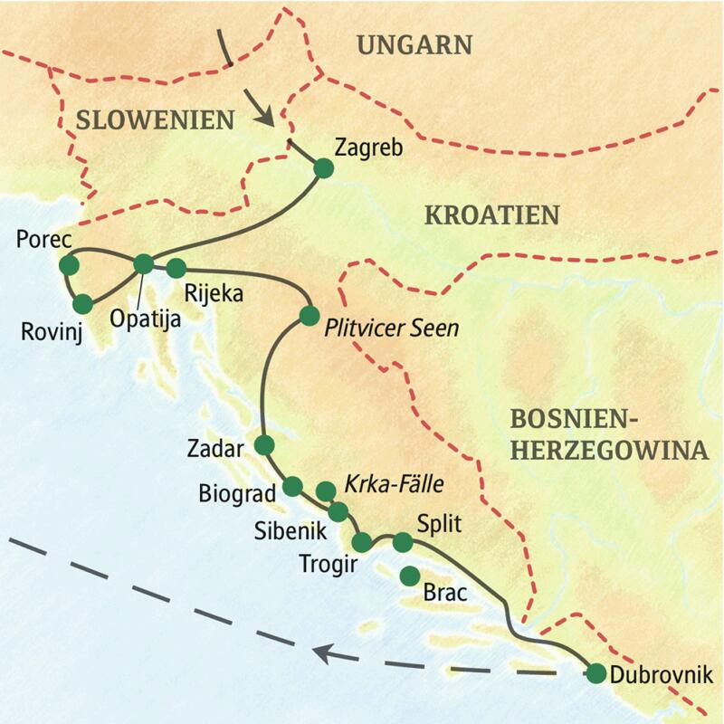 Unsere umfassende Reise durch Kroatien startet in Zagreb und führt über Porec, Rovinj, Opatija, Zadar, Biograd, die Krka-Fälle, Trogir und Split bis nach Dubrovnik.