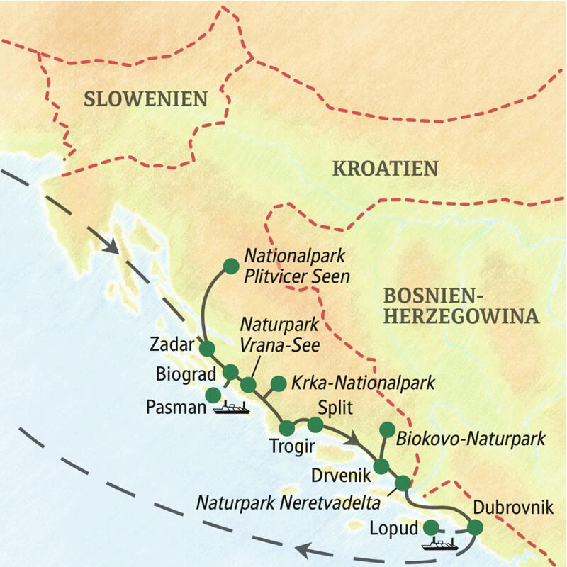 Unsere Wander-Studienreise durch Kroatien startet in Zadar und führt über Biograd, die Plitvicer Seen, den Naturpark Vrana-See, den Krka-Nationalpark, den Biokovo-Nationalpark und über Trogir bis nach Dubrovnik.