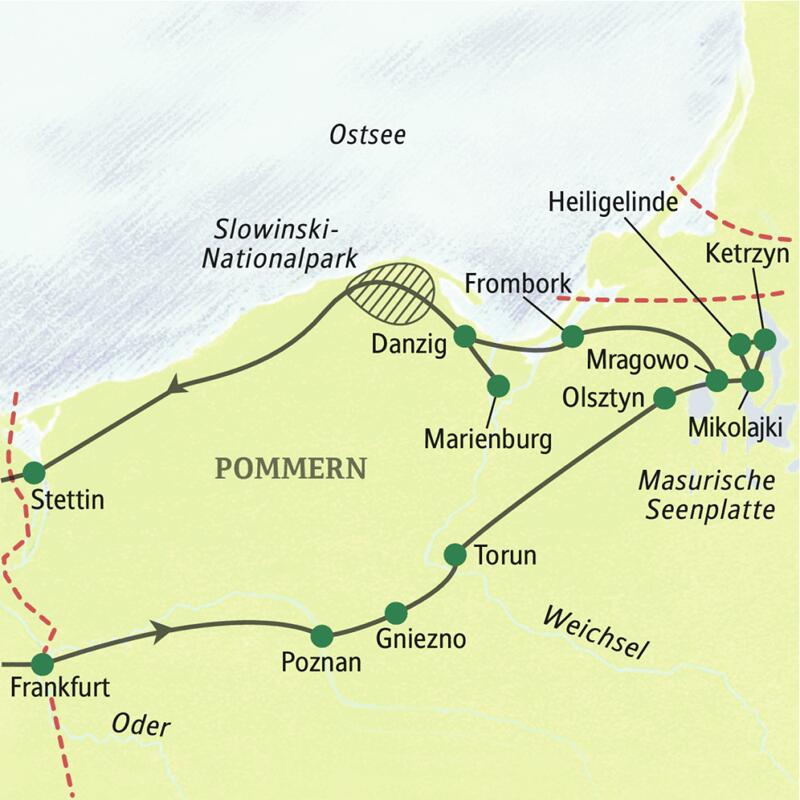Zehntägige Studienreise durch Polen - mit dem Bus ab Berlin zu den Höhepunkten von Masuren, Danzig und Pommern; mit drei Übernachtungen an einem masurischen See.