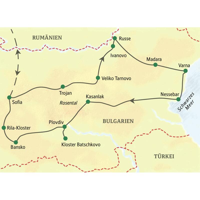 Die Karte zeigt den Verlauf unserer Studienreise durch Bulgarien von der Hauptstadt Sofia durch das Balkangebirge bis zum Schwarzen Meer über Trojan, Veliko Tarnovo, Ivanovo, Russe, Madara, Varna, Nessebar, Kasanlak, Plovdiv, Kloster Batschkovo, Bansko und das Rila-Kloster.