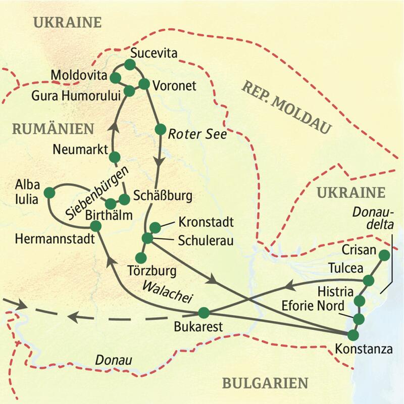 Unsere Studienreise nach Rumänien startet in Bukarest und führt über Hermannstadt, Schäßburg, Gura Humorului, Kronstadt, Eforie zurück nach Bukarest.