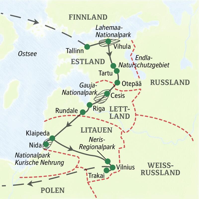 Die Reisekarte der Studiosus Wander-Studienreise durchs Baltikum mit Sehenswürdigkeiten wie dem Lahemaa-Nationalpark, dem Nationalpark Kurische Nehrung und dem Endla-Naturschutzgebiet.