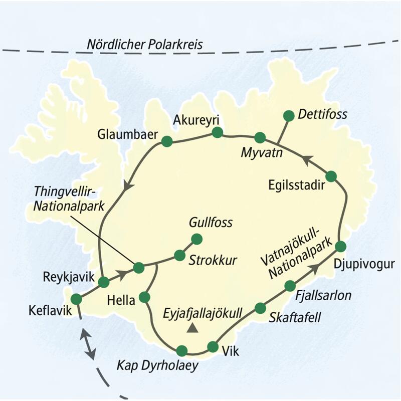 Reiseroute der 10-tägigen Studienreise nach Island mit Studiosus.