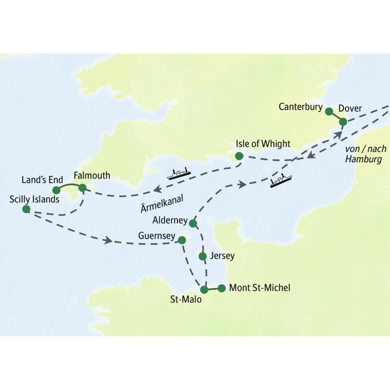 Verlauf der Studiosus Studienreise im Ärmelkanal: Die Kreuzfahrt führt von Hamburg zur Isle of Wight, Cornwall, den Kanalinseln.
