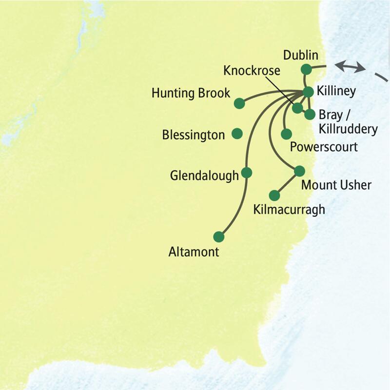 Karte der Eventreise Gartenparadiese in Irland: Ausflüge von Killiney nach Dublin, Powerscourt, Glendalough und Altamont.