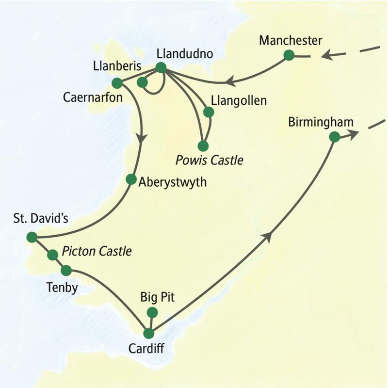 Karte der Studiosus Studienreise in Wales: Route von Llandudno über Caernarfon und St. David's nach Cardiff.
