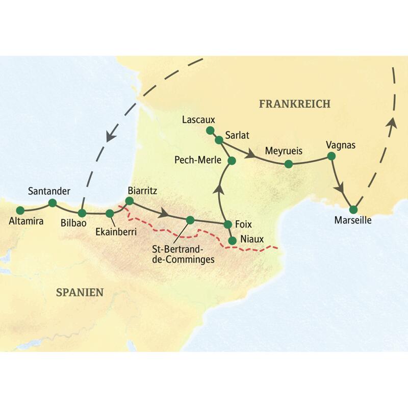 Karte der geführten Studienreise von Bilbao über Altamira, Lascaux und die Pyrenäen bis nach Marseille in Frankreich.