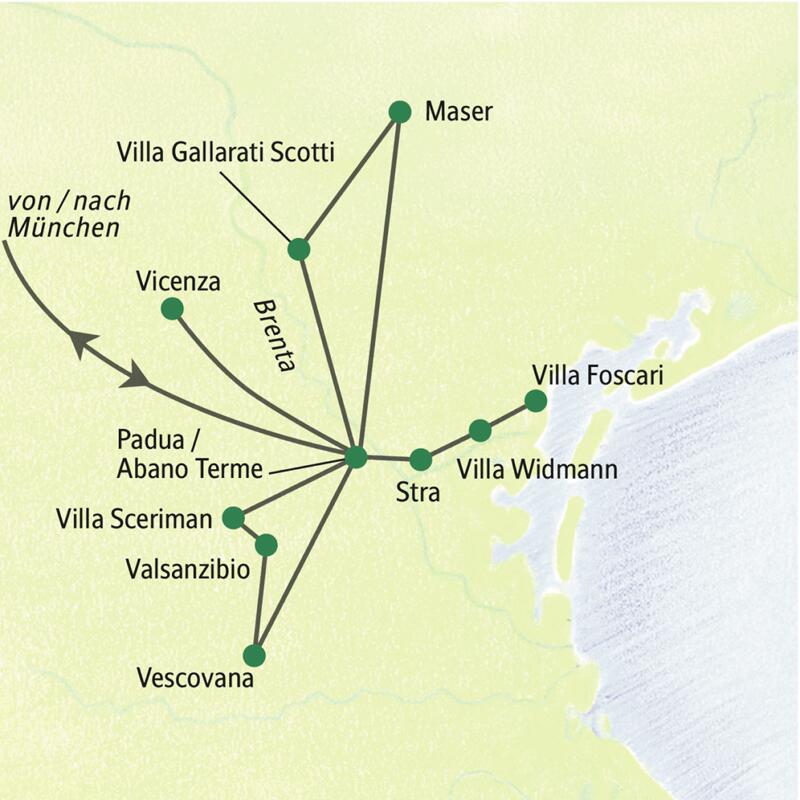 Karte der Studiosus Studienreise im Veneto: Route ab Padua zu Palladio-Villen in Maser, Vicenza, Stra und den Euganeischen Hügeln.