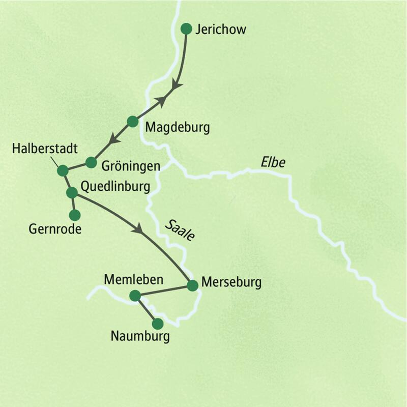 Karte der Studienreise auf der Straße der Romanik, die von Magdeburg über Quedlinburg und Merseburg nach Naumburg führt.