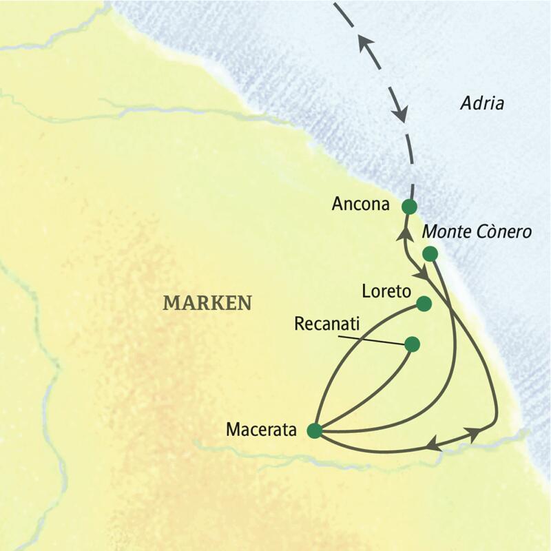 Routenverlauf unserer Eventreise in die Marken: von Ancona über Macerata, Recanati, Loreto bis zum Monte Conero.