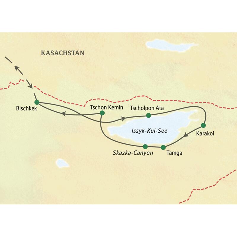 Karte der Eventreise in Kirgisistan: Die geführte Rundreise startet in Bischkek und führt um den Issyk-Kul-See via Karakol.