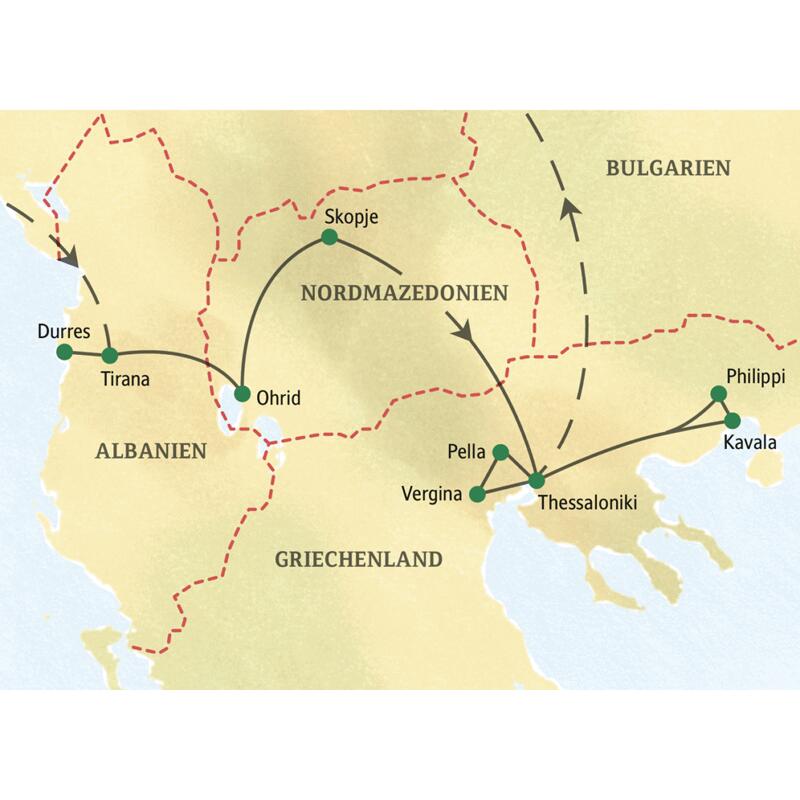 Karte der Studienreise auf der Via Egnatia von Tirana über Ohrid und Skopje nach Thessaloniki in Griechenland und Kavala.