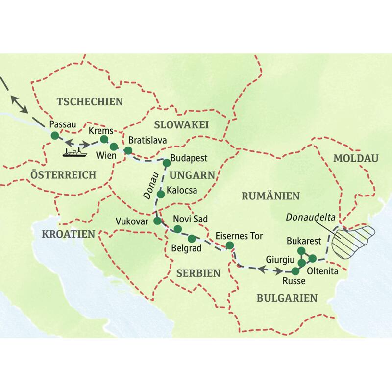 Route unserer Studienreise als Kreuzfahrt auf der Donau von Passau über Wien und Budapest bis zum Donaudelta.
