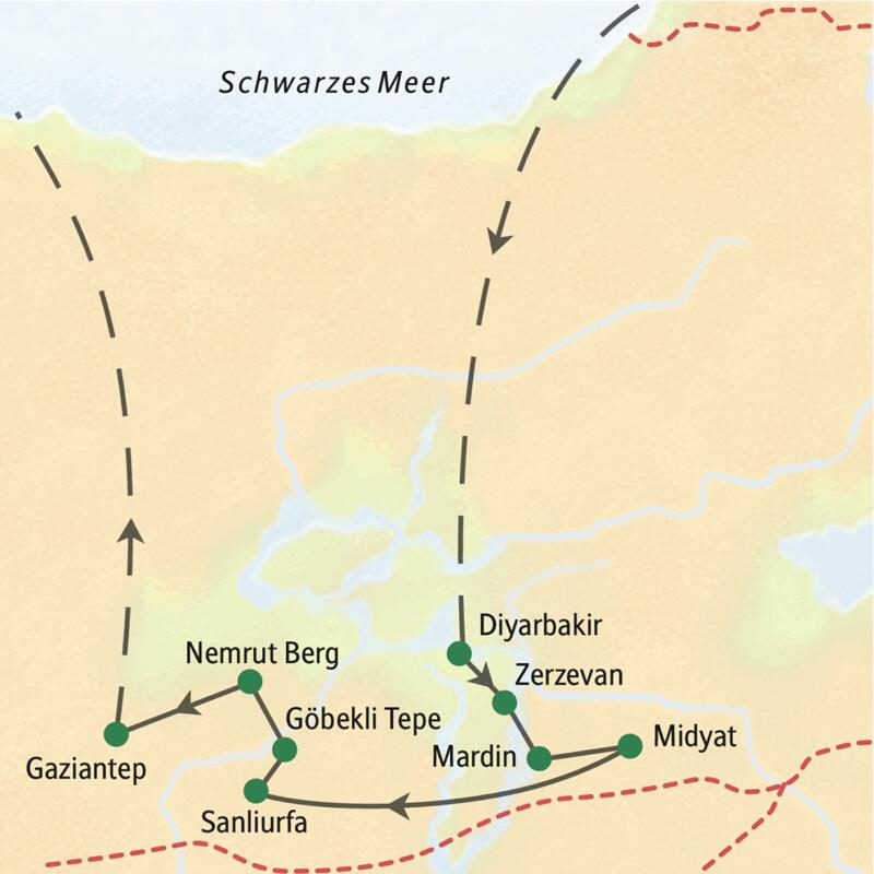 Karte der Studiosus Studienreise in der Südost-Türkei: Route von Diyarbakir über Mardin, Sanliurfa und den Nemrut Berg nach Gaziantep.