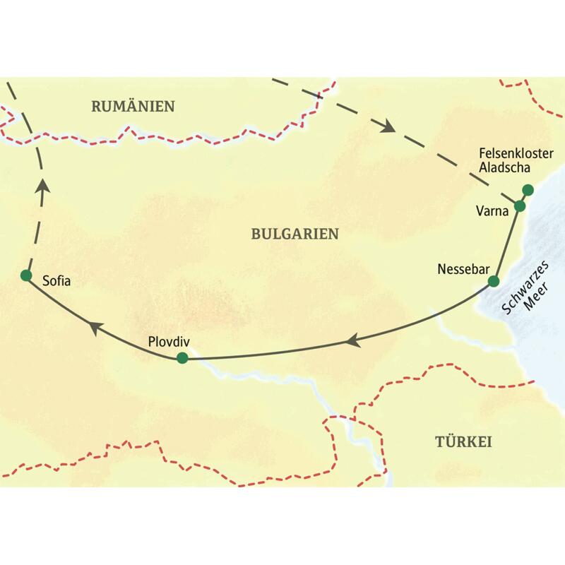 Reiseroute unserer geführten Eventreise in Bulgarien: von Varna am Schwarzen Meer über Nessebar und Plovdiv nach Sofia.