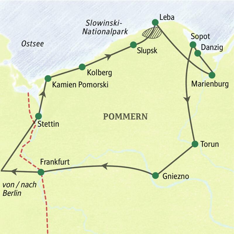 Karte der Studienreise in Polen von Stettin über Kolberg, Danzig, Marienburg, Torun und Gniezno zurück nach Berlin.