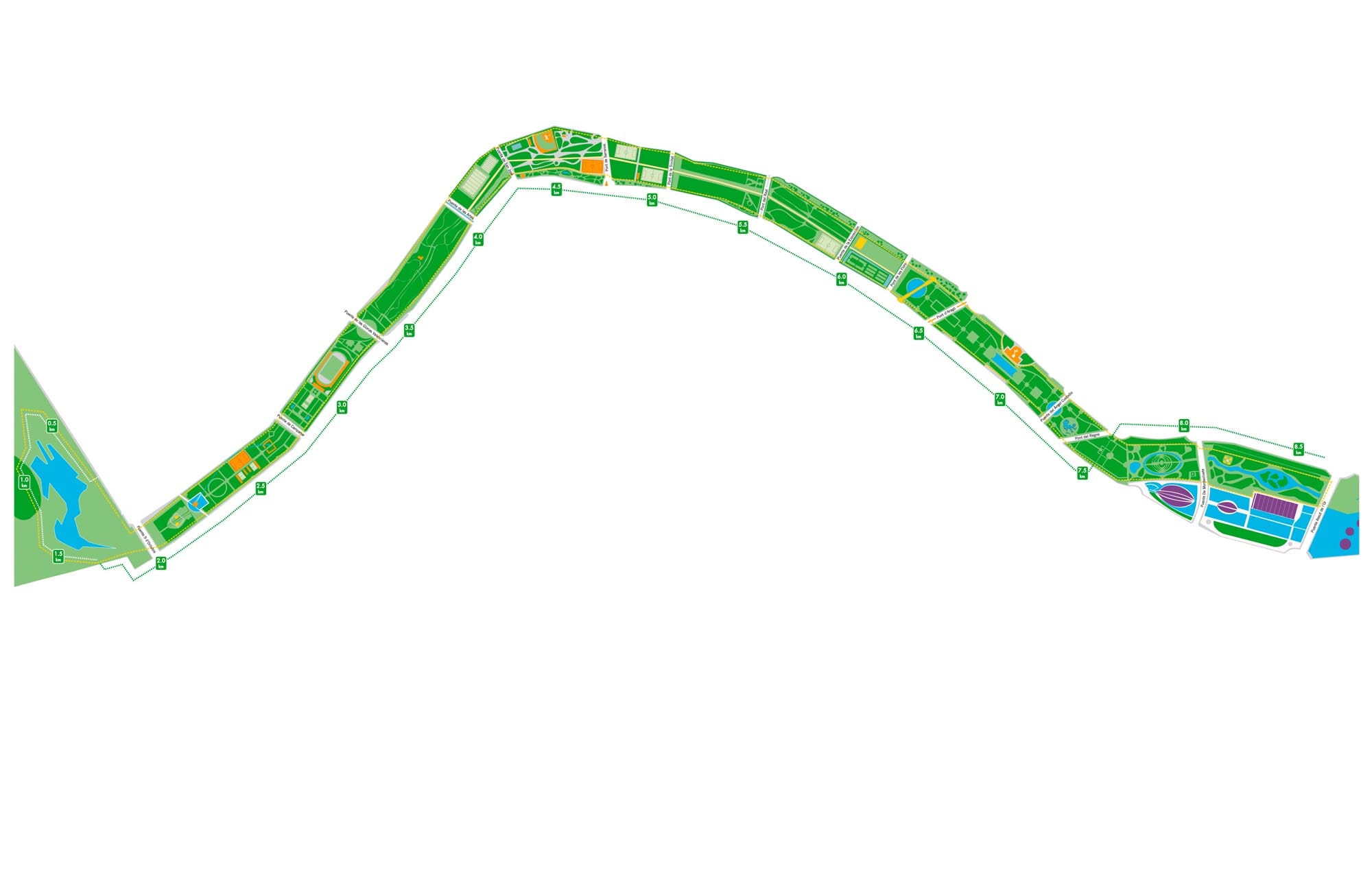 Eine Landkarte vom Turia-Park. Der Park ist im Flussbett gebaut, 200 Meter breit und 9 Kilometer lang.