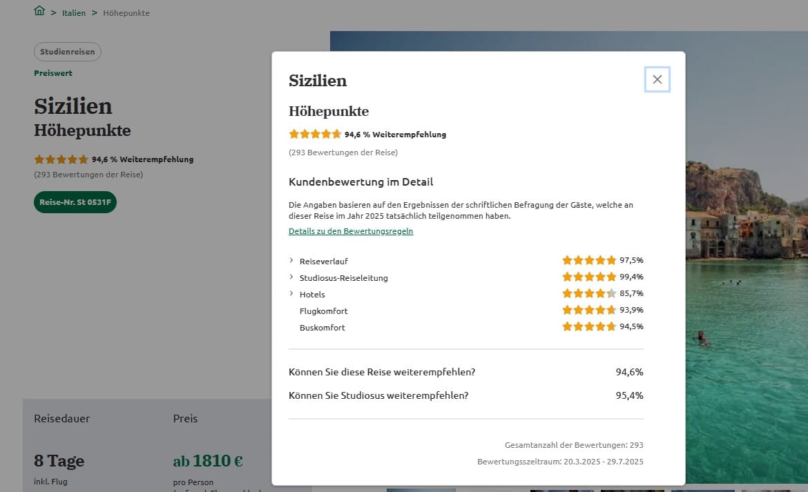 Zertifizierte Kundenbewertungen für die Studiosus-Reise "Sizilien – Höhepunkte".