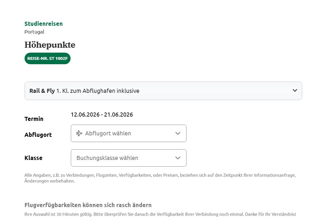 Ein Beispiel der Fluganzeige für die Studiosus-Reise "Portugal – Höhepunkte"