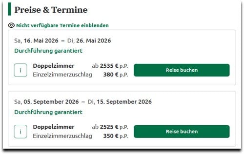 Der Hinweis „Durchführung garantiert“ bei einer Reise auf der Studiosus Webseite.