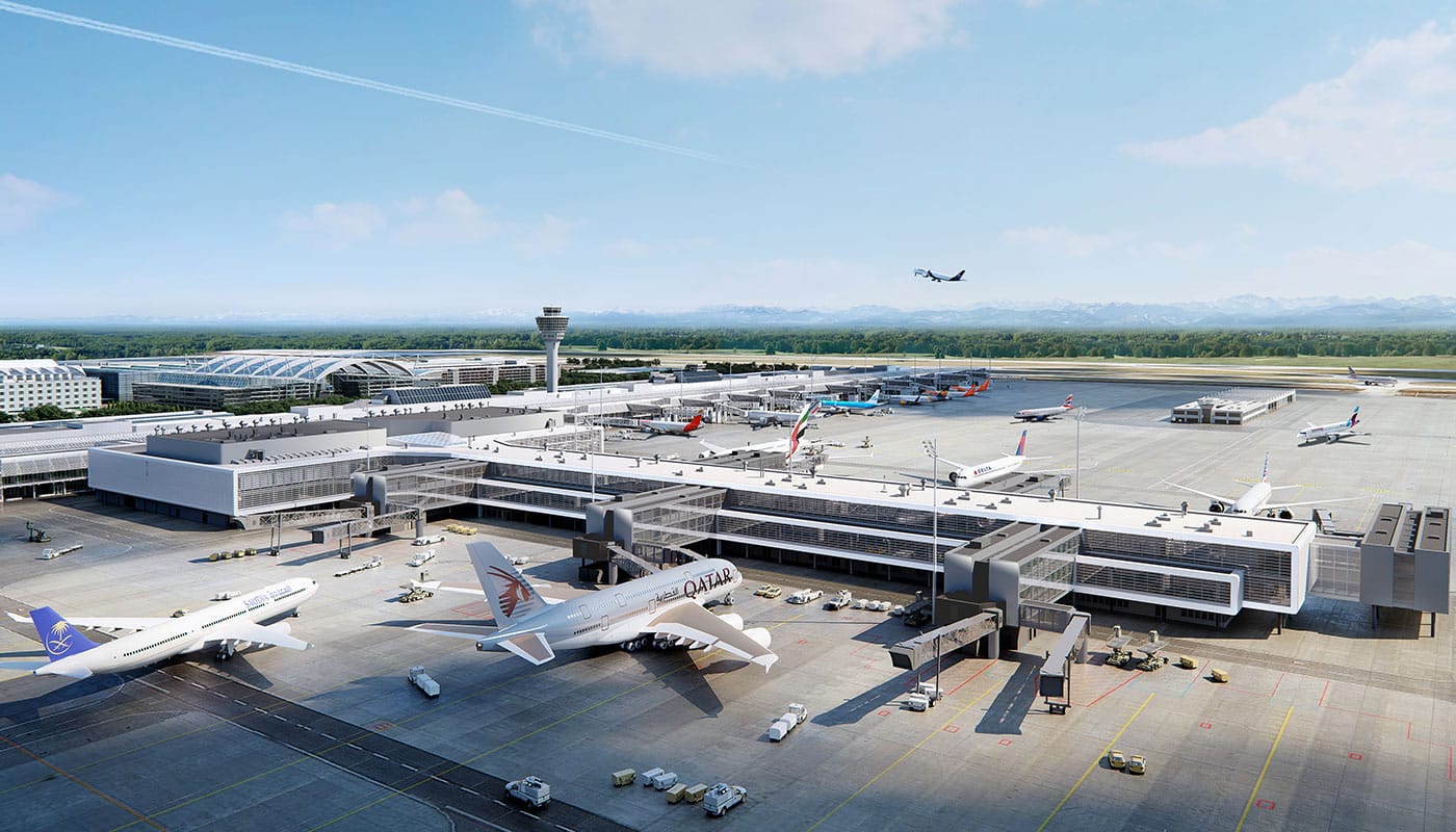 Das Terminal 1 am Flughafen München wird um einen zusätzlichen Flugsteig und einen zentralen Gebäudekomplex erweitert. Bild: Mediathek Flughafen München GmbH