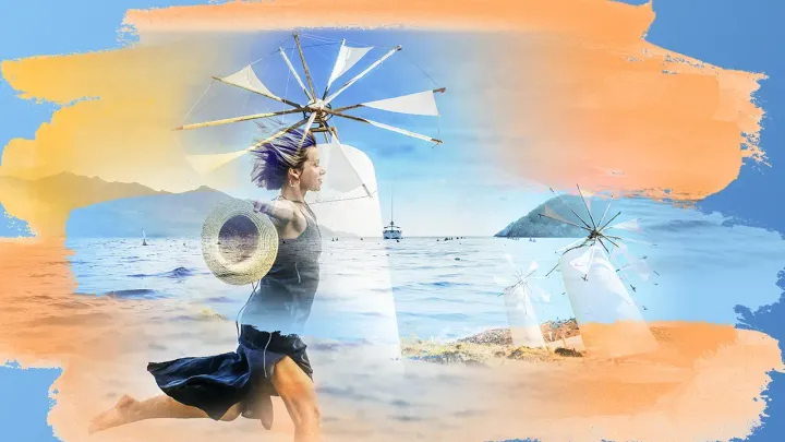 Eine Bildkollage mit einer Frau, die am Strand mit einem Hut läuft, und mit weißen griechischen Windmühlen im Hintergrund.