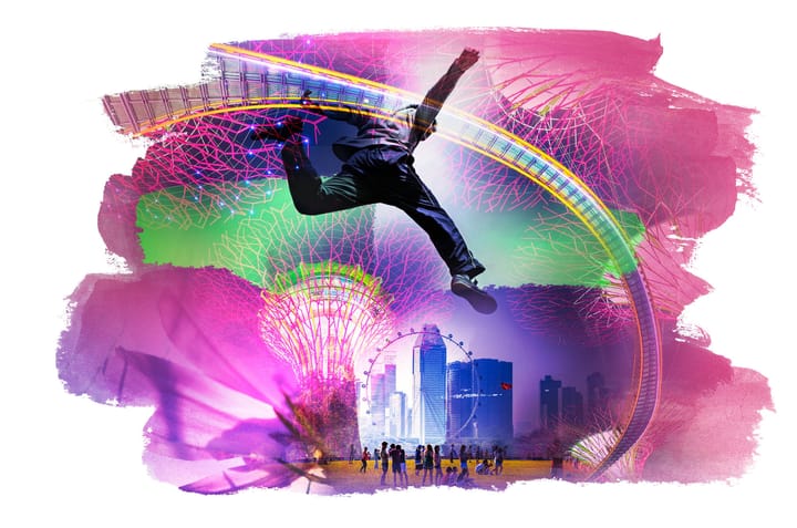 Eine lila und pinkfarbene Bildkollage mit einer Person, die in einer urbanen Landschaft springt.