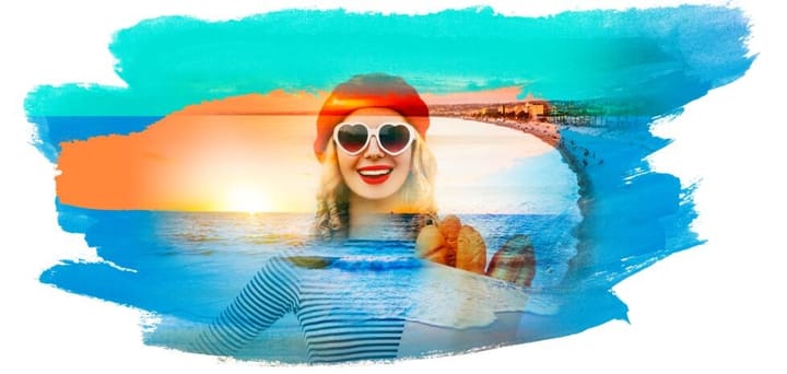 Eine Bildkollage mit einer lachenden Frau mit Sonnenbrille am Meer, die eine Tüte Baguette in den Arm hält.