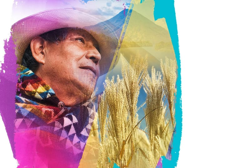Eine Bildkollage mit einem Mann aus Guatemala vor einem lila-blauen Hintergund und Getreideähren.